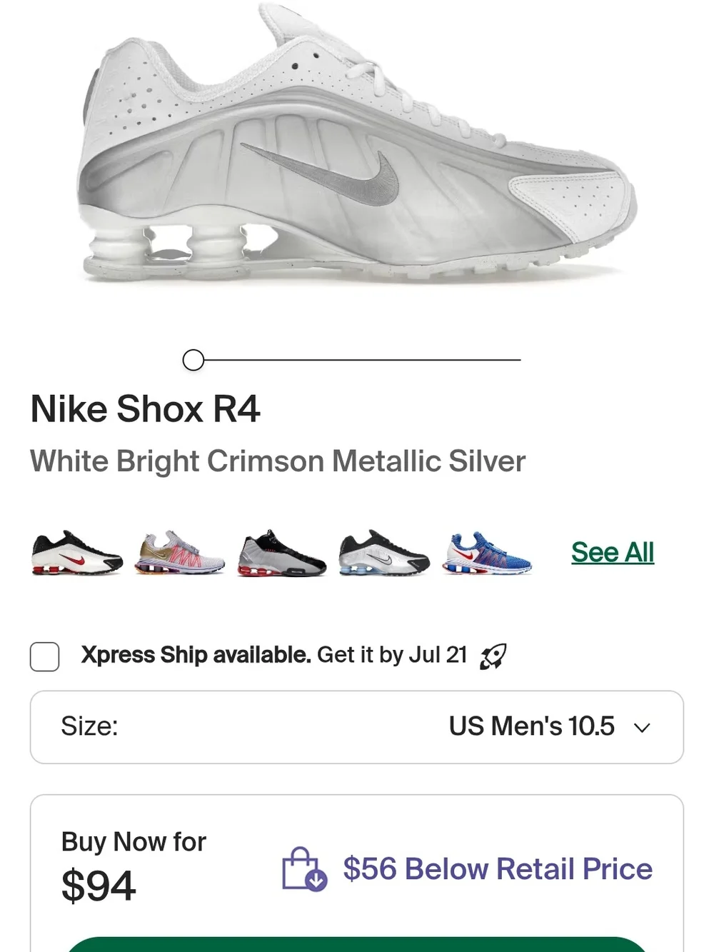 Nike Men's Shox R4 Sneakers - White/Metallic Silver